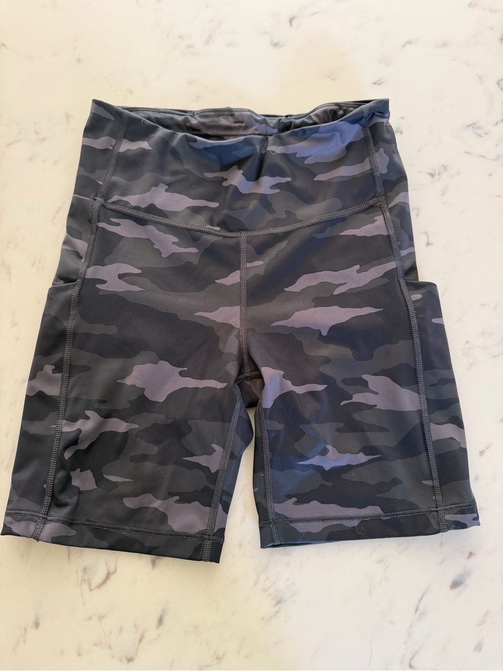 Athleta Gray Camo High-Rise Bike Shorts